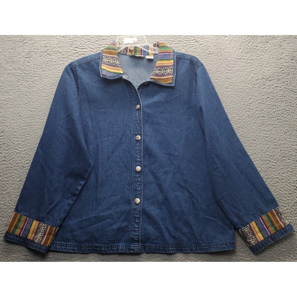 New Identity Jacket Womens XL Blue Denim Embroidered Southwest Boho Button Front